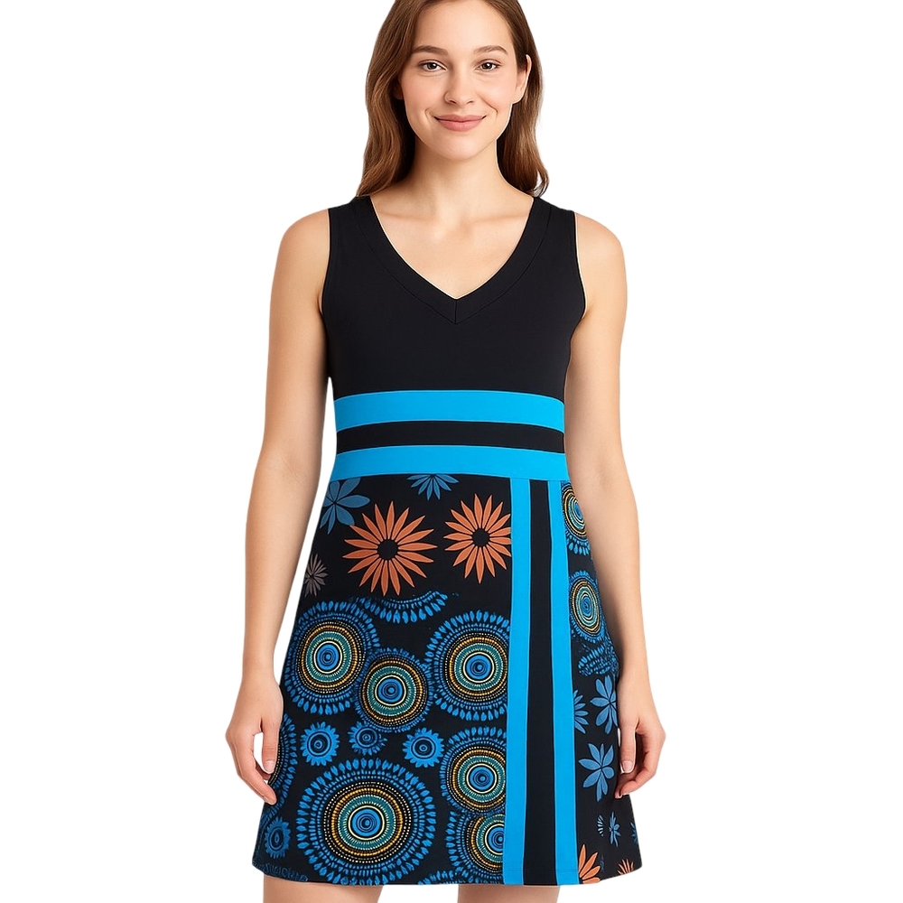 Coline Blue and Black Asymmetrical V-Neck Mini Dress, Large